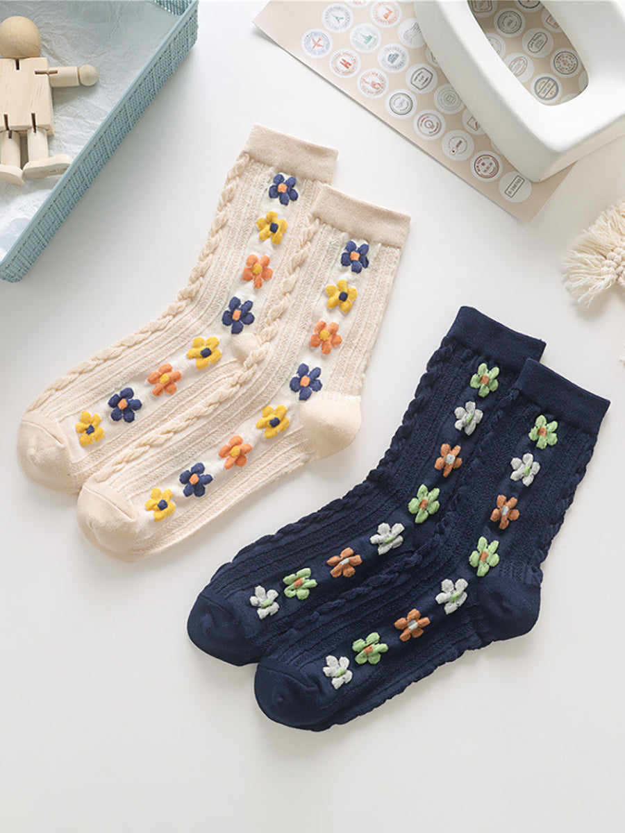 5 Pairs Female Retro Flower Autumn Socks