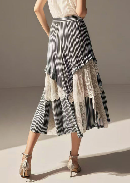Women Blue Striped Asymmetrical Patchwork Lace Skirts Summer