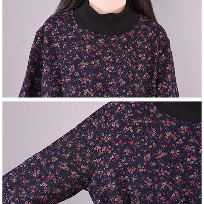Winter Korean Style High-neck Plush Floral Dress