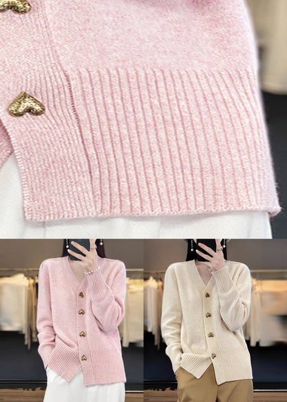 Beige Button Solid Knit Coats V Neck Spring