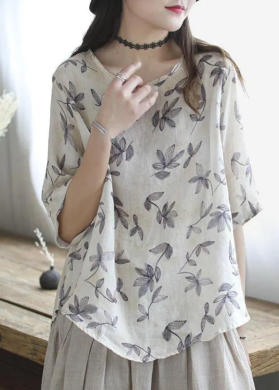 Natural White O-Neck Print Patchwork Summer Ramie Shirt Tops