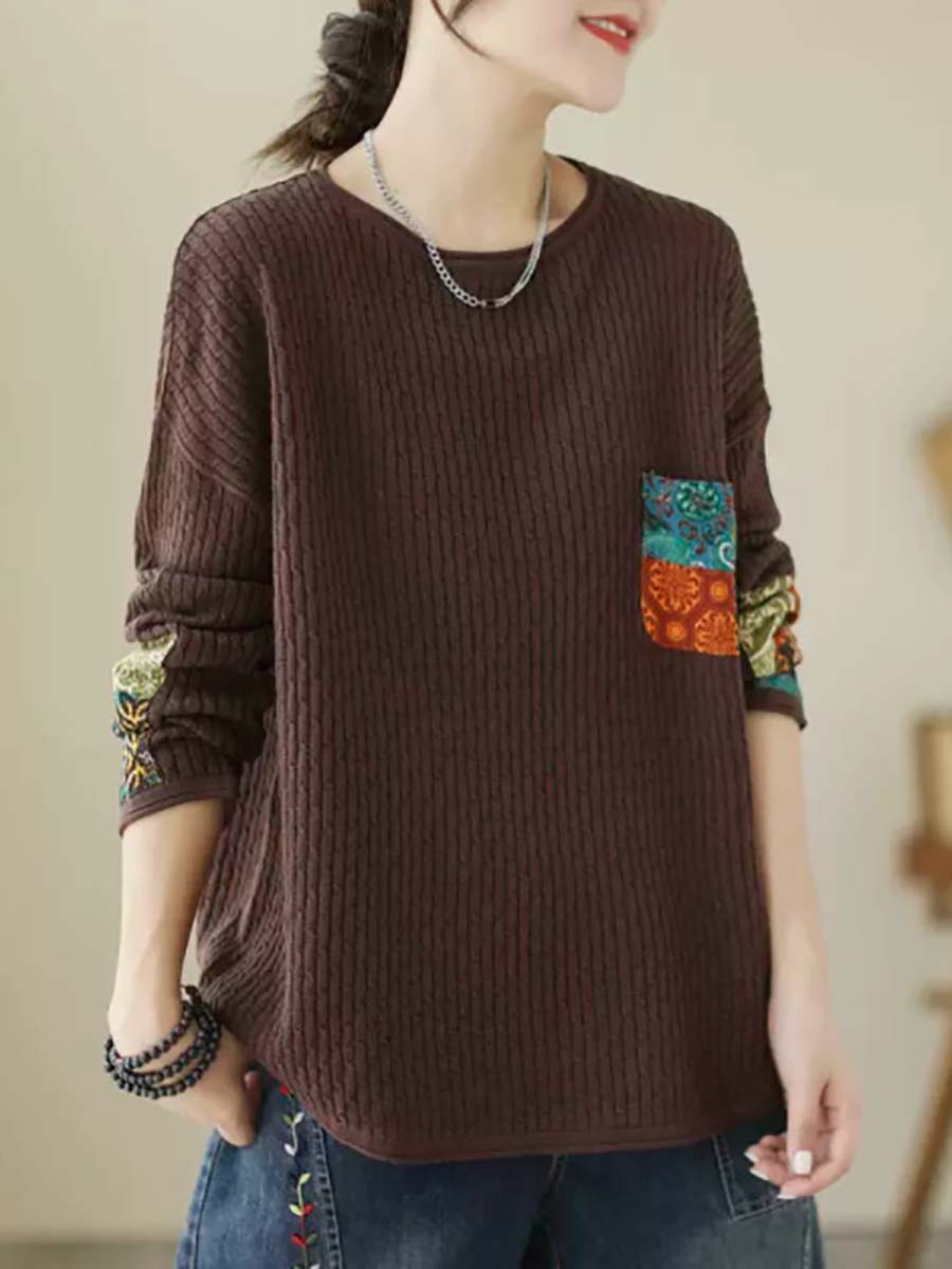 Women Autumn Artsy Knitted Patchwork Loose Sweater