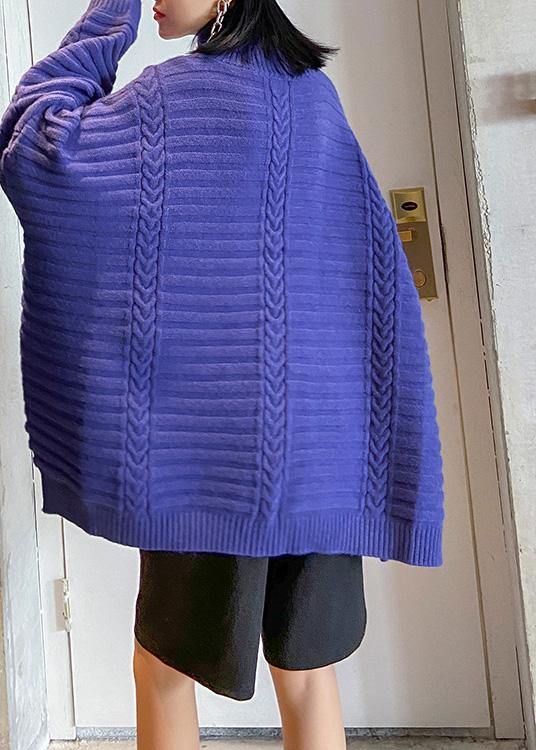 Oversized blue Sweater Blouse high neck thick casual knit sweat tops