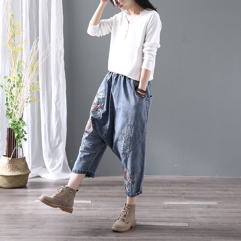 Denim Floral Pocket Low Drop Crotch Embroidered Jeans