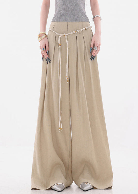 Women Khaki Pockets Tie Waist High Waist Cotton Wide Leg Pants Fall