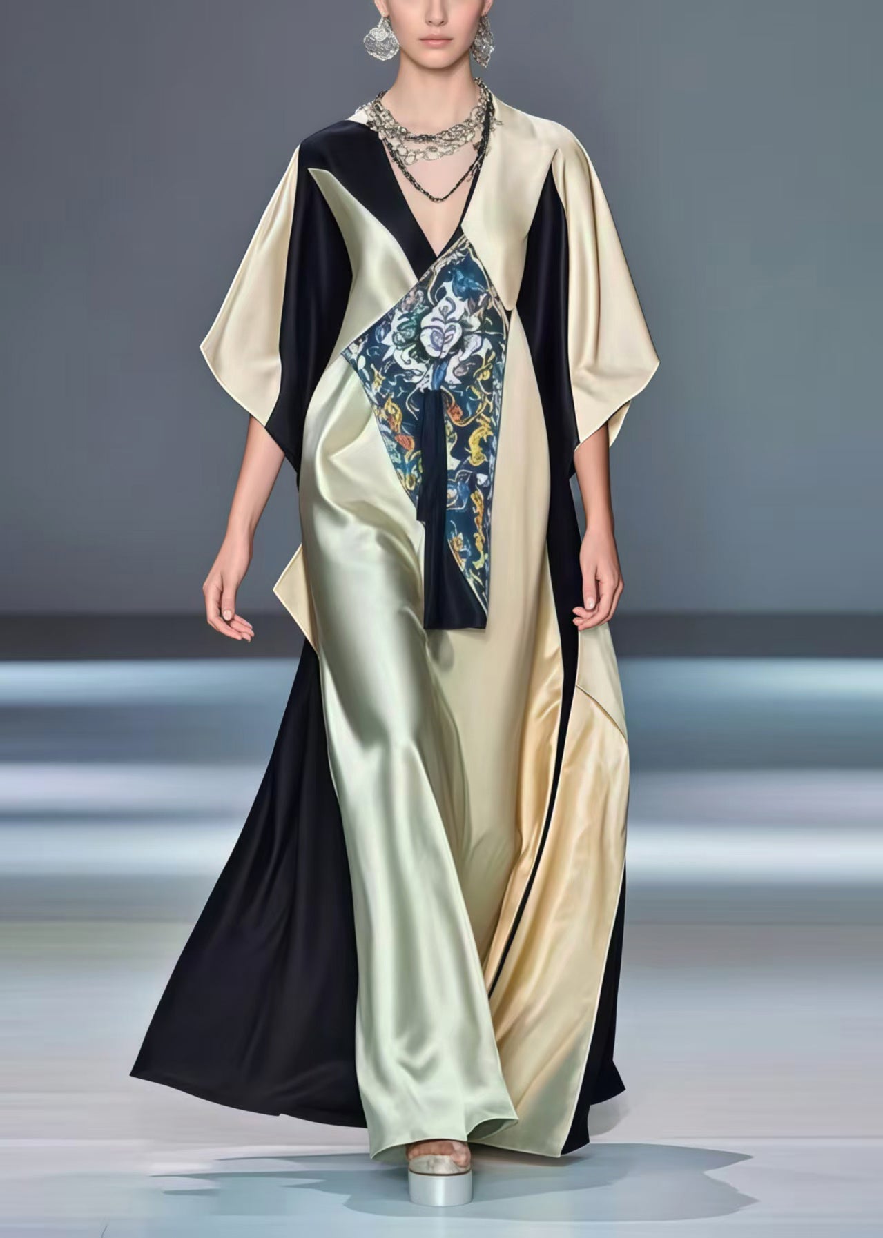 Beautiful Colorblock Asymmetrical Design Oversized Silk Robe Dresses Summer