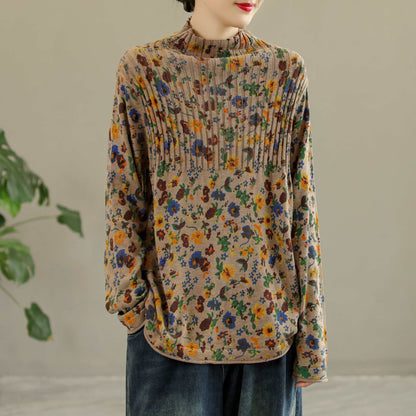 Women Retro Cotton High Collar Knitted Floral Sweater