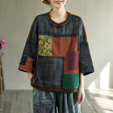 Vintage Plus Size Print Denim Panel Doll Sleeve T-Shirt
