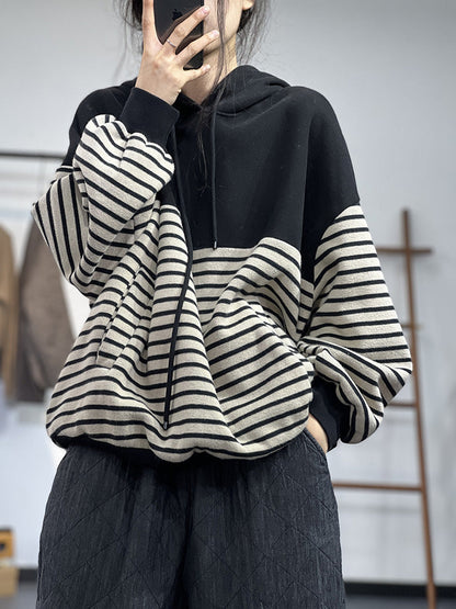 Contrast Stripe Fleece Drawstring Hooded Sweatshirt