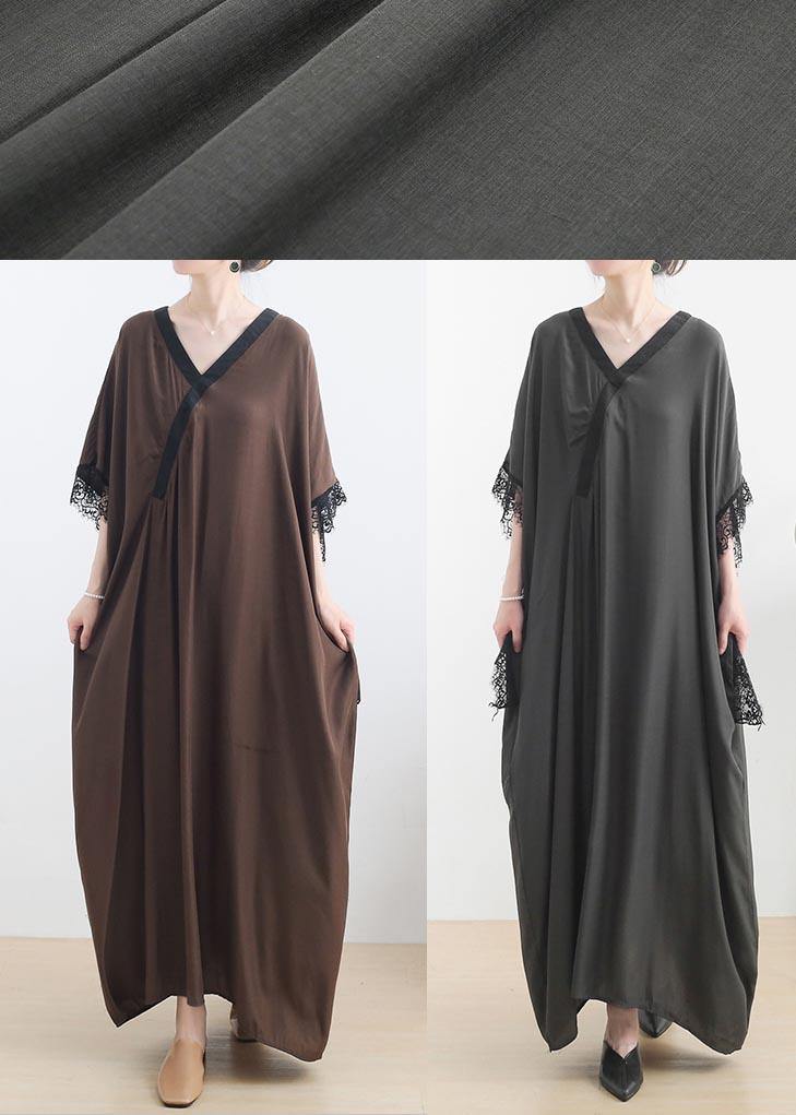 Elegant Chocolate Lace Trim Caftan Maxi Summer Chiffon Dress Gown