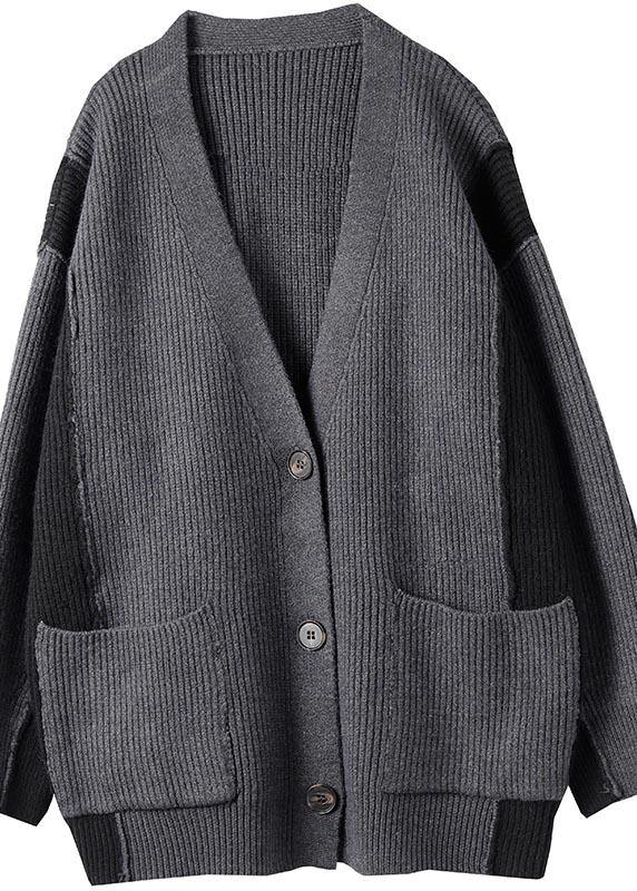 For  Gray Knitted Pullover V Neck Button Downfall Fashion  Knit Ssweat Tops
