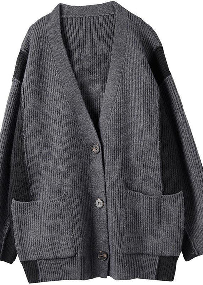 For  Gray Knitted Pullover V Neck Button Downfall Fashion  Knit Ssweat Tops