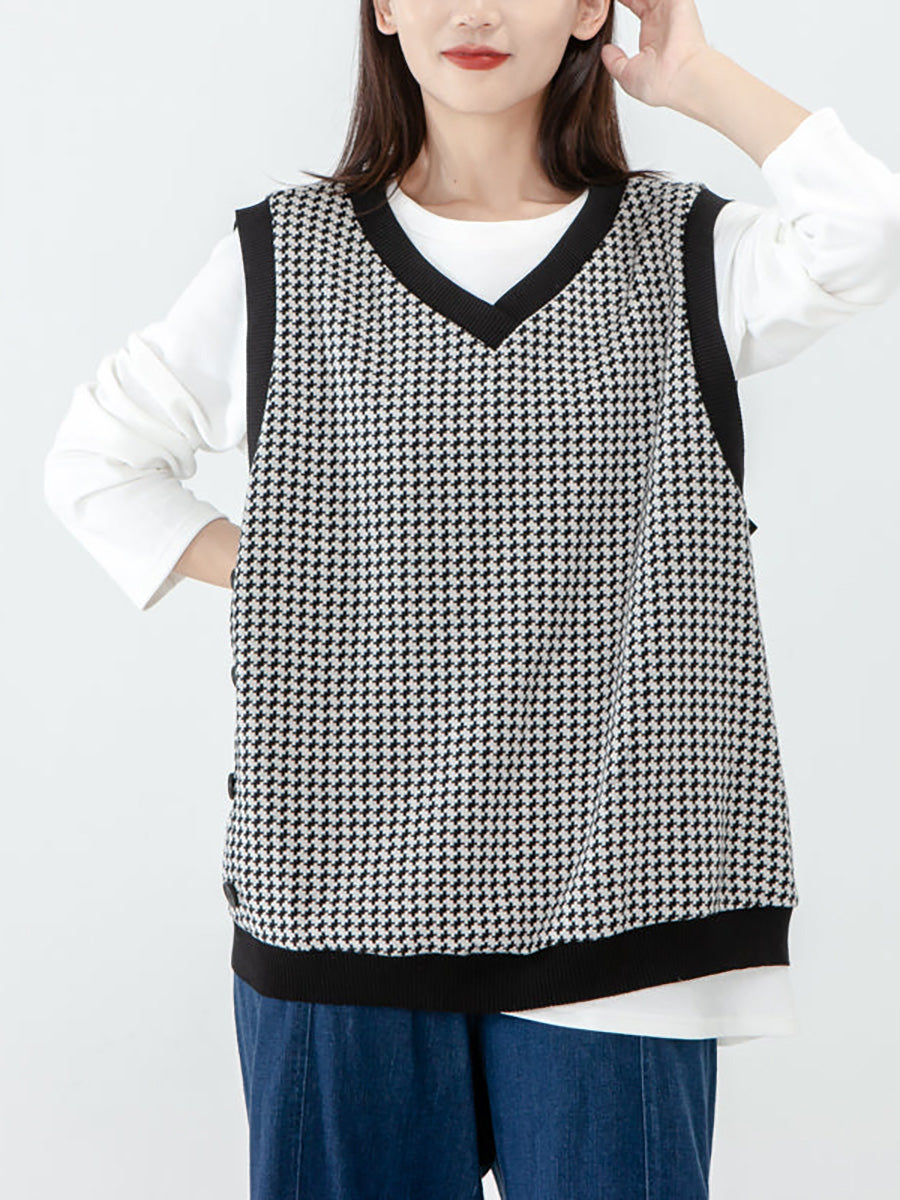 Plus Size - Women Plaid Knitted Vest Pullover Sweater