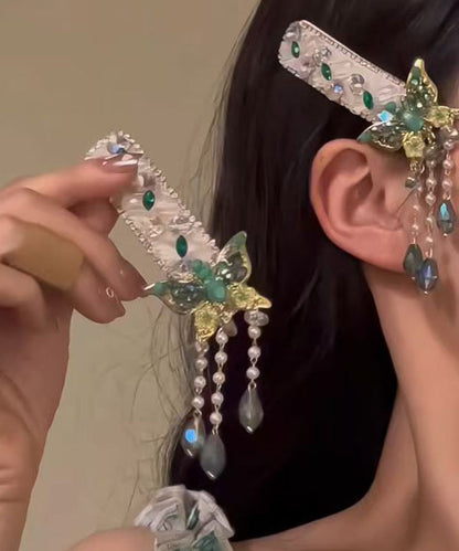 Retro Green Alloy Zircon Butterfly Tassel A Pair Hairpin