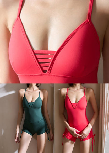 Blackish Green V Neck Tie Waist Yoga One Piece Workout Suit