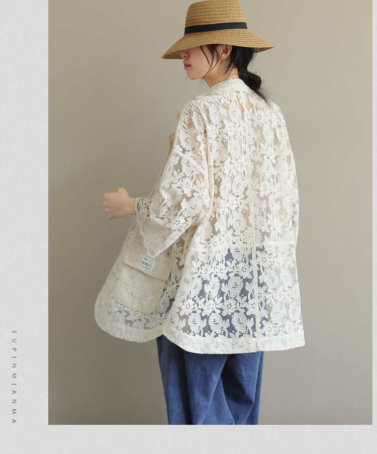 Loose Lace Embroidered Suit Collar Casual Slim Coat