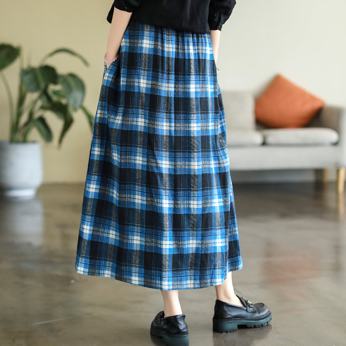 Vintage Cotton and Linen Check Elastic High Waist Plus Size A-Line Skirt