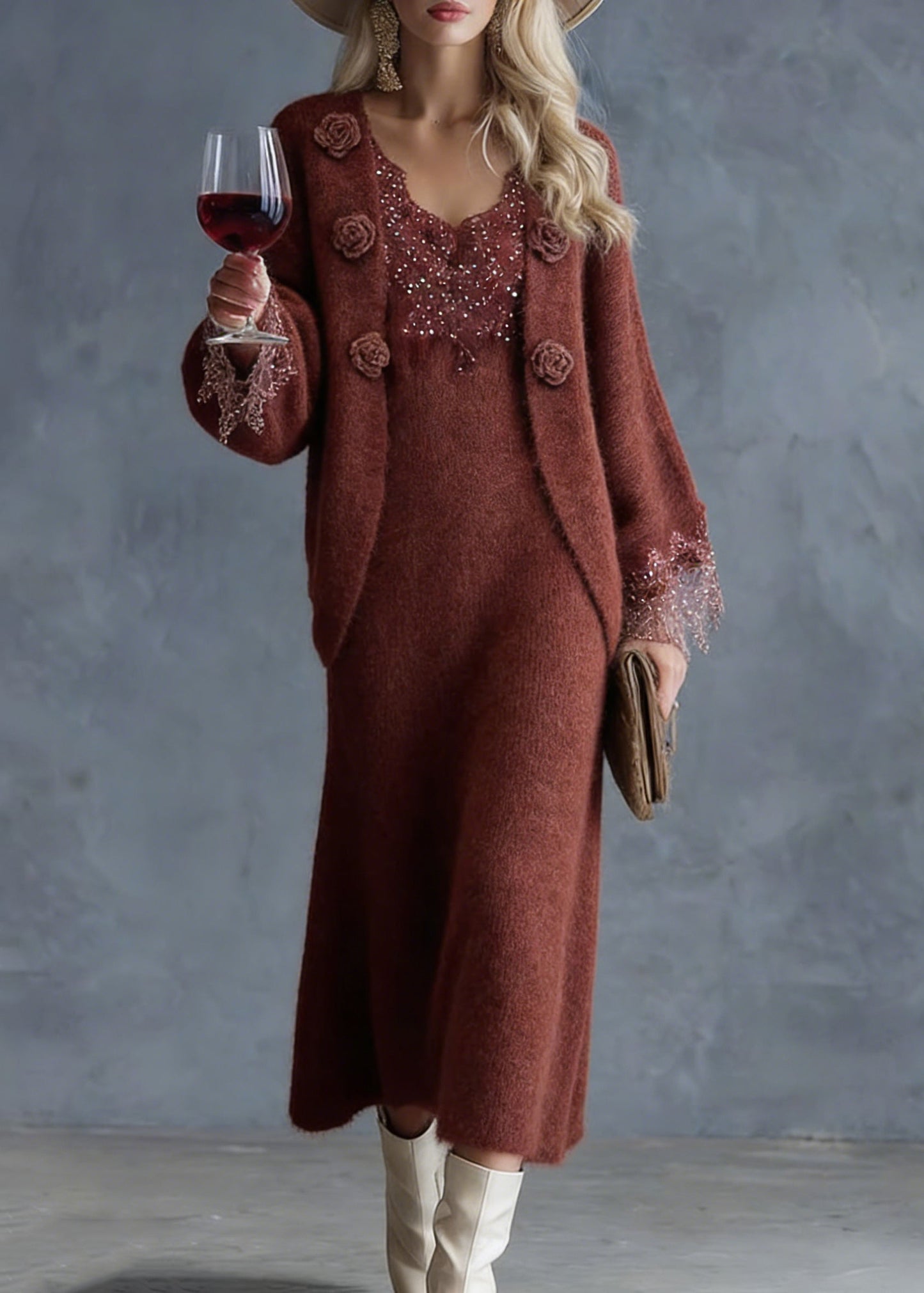 French Rust Lace Patchwork Cotton Knit Cardigans And Maxi Skirts Two Piece Set Spring