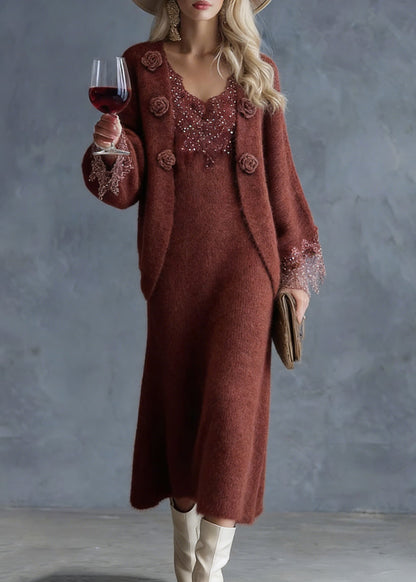 French Rust Lace Patchwork Cotton Knit Cardigans And Maxi Skirts Two Piece Set Spring