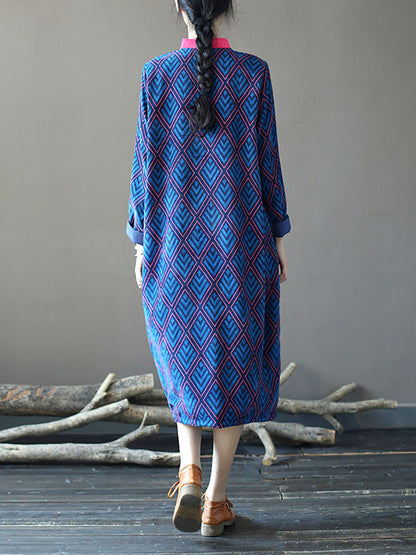 Women Winter Vintage Rhomboids Frog Spliced Long Dress