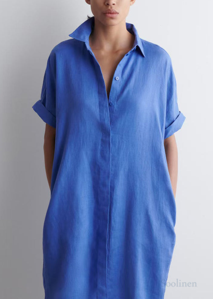 Plus Size Blue Peter Pan Collar Linen Straight Dresses Summer