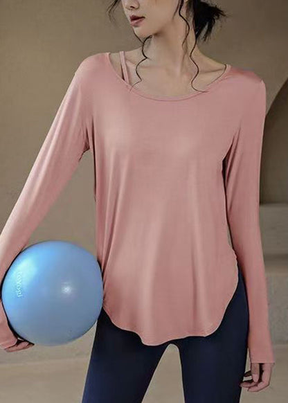 Loose Blue O-Neck Patchwork Solid Yoga Top Fall