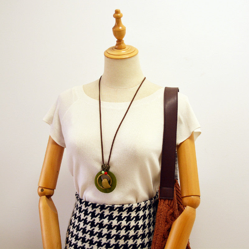 Wood Chip Bird Pendant Long Necklace