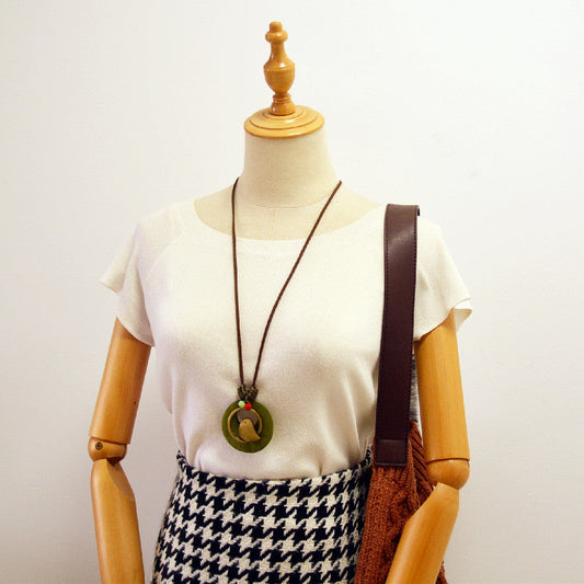 Wood Chip Bird Pendant Long Necklace