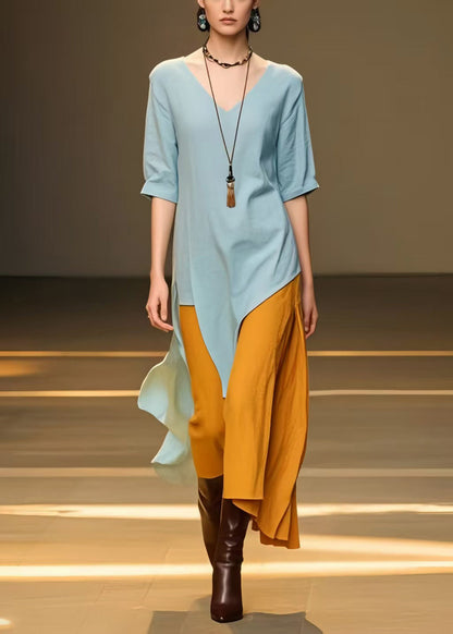Plus Size Sky Blue Asymmetrical Patchwork Cotton Long Dress Summer