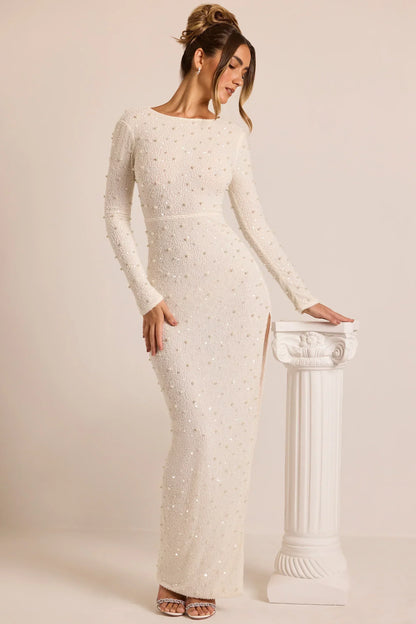 Embellished Long Sleeve Backless Maxi Dress In White