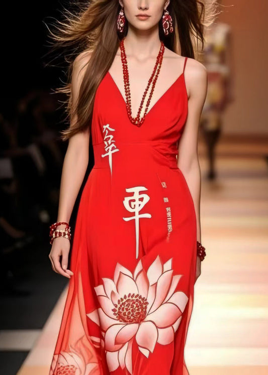 Vintage Red Lotus Print Chiffon Cami Dresses Summer