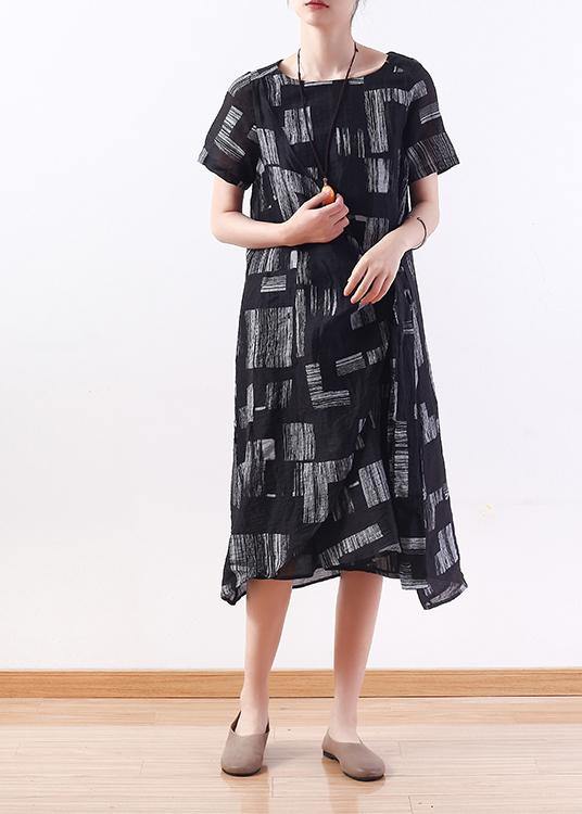 Beautiful black linen clothes tie waist long summer prints Dresses