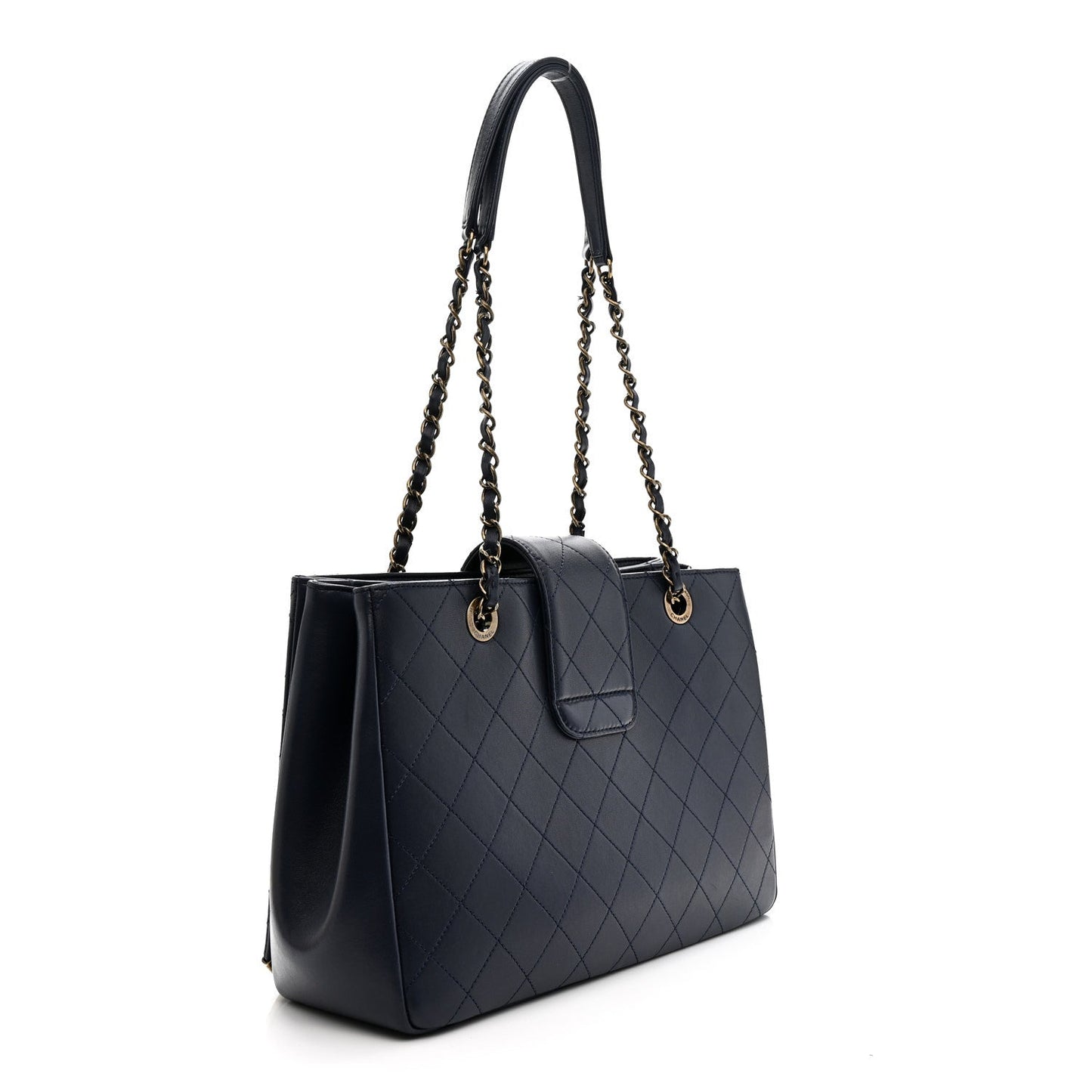 Lambskin Stitched Medium Around The Corner Shopping Tote Deep Marine