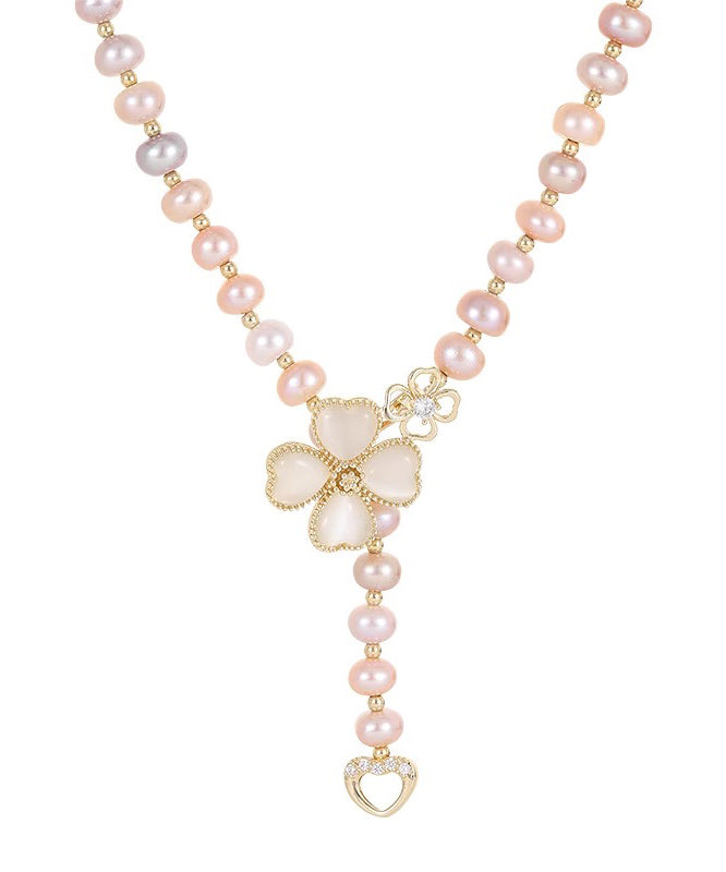 Elegant Champagne Alloy Pearl Zircon Floral Lariat Necklace