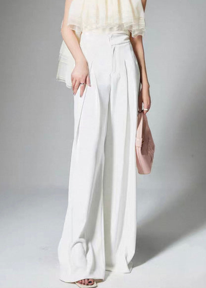 French White High Waist Solid Cotton Wide Leg Pants Summer