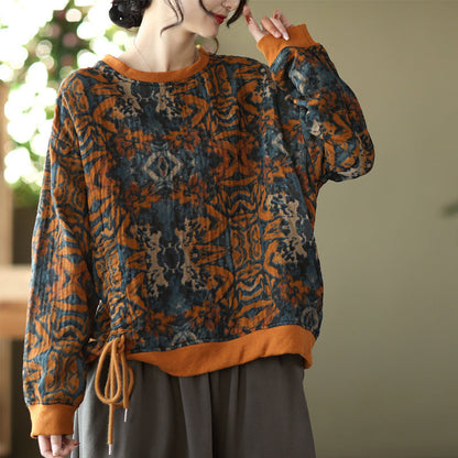 Large Size Slim Round Neck Printed Retro Casual Loose Sweater
