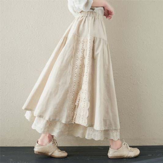 Retro Linen Floral Hollow Embroidery Skirt