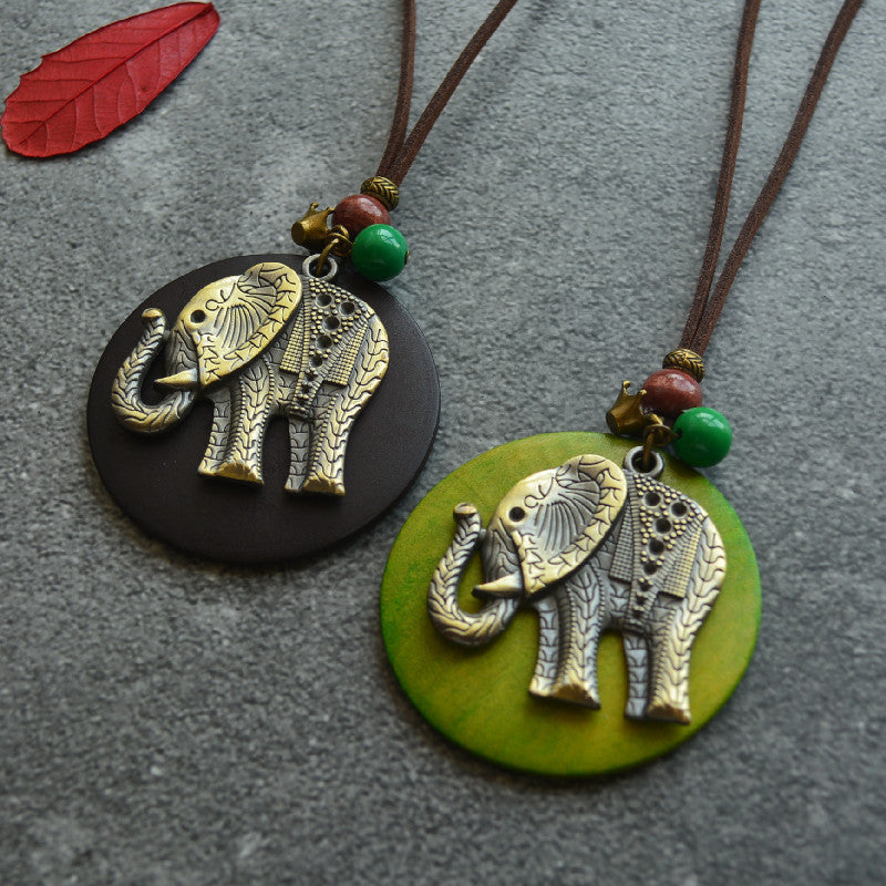 Vintage Art Wood Chip Bronze Elephant Necklace