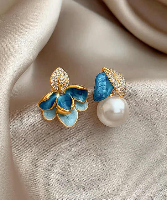 Beautiful BlueCopper Zircon Asymmetric Pearl Enamel Drop Glaze Stud Earrings