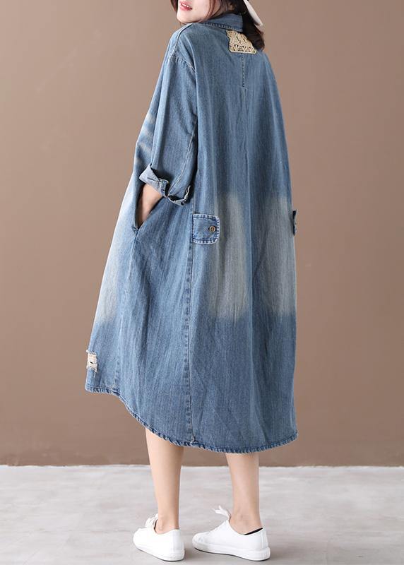 Women lapel Hole  outfit Shape denim blue Dresses