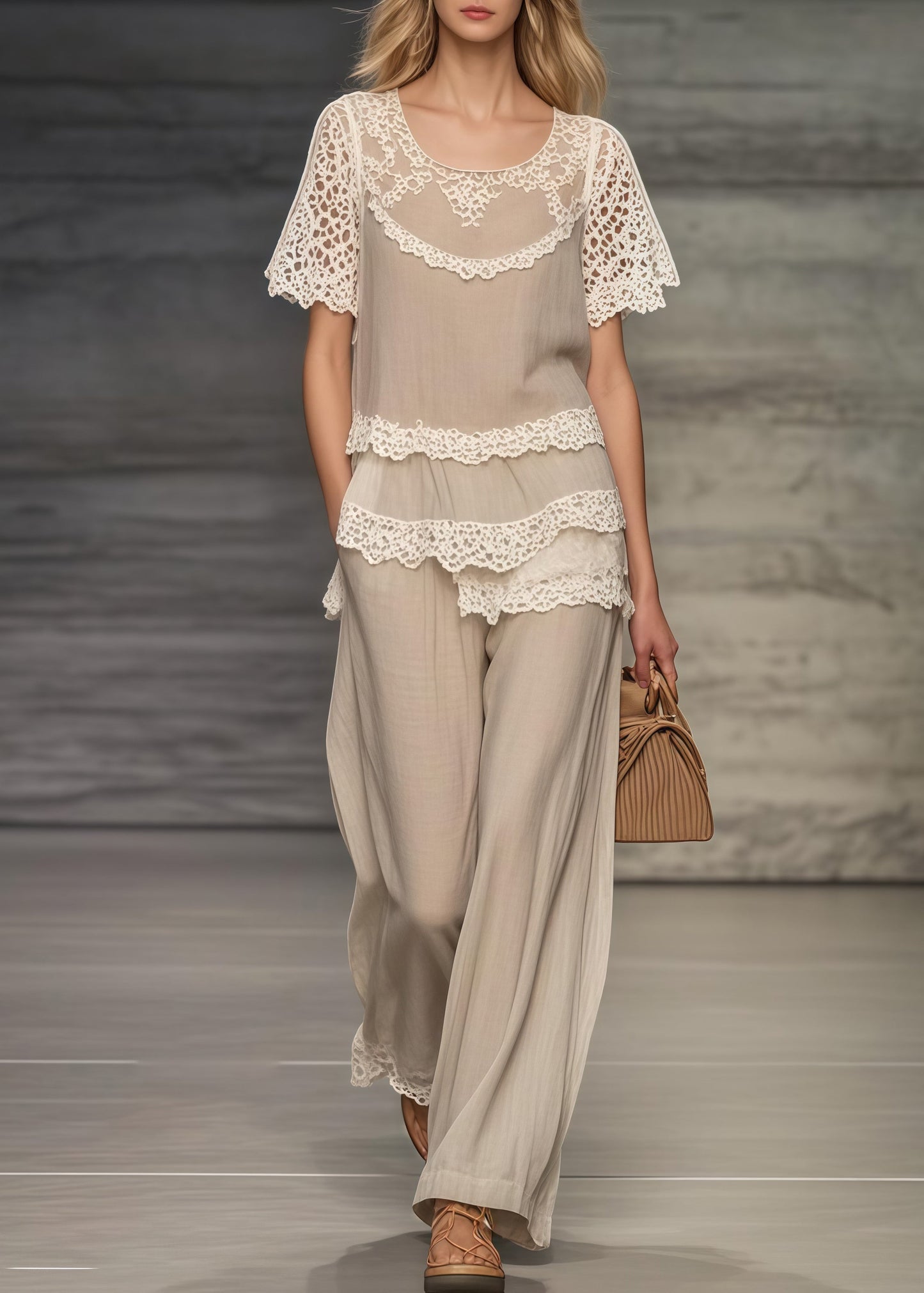 Women Khaki Asymmetrical Patchwork Lace Two Pieces Set Summer