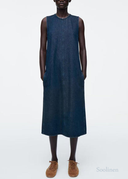 Natural Navy Backless Lace Up Denim A Line Dresses Sleeveless
