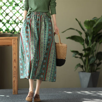 Retro Print Casual Cotton Linen A-Line Skirt