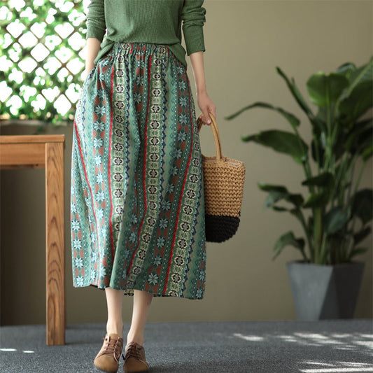 Retro Print Casual Cotton Linen A-Line Skirt