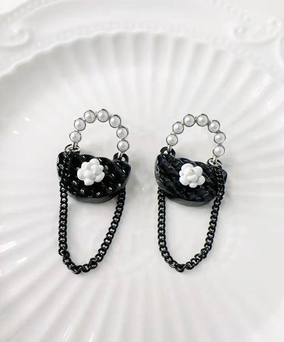Chic Black Sterling Silver Floral Bag Drop Earrings