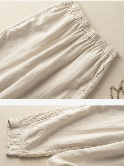 Pure Color Lace Stitching Casual Linen Harem Pants With Pockets