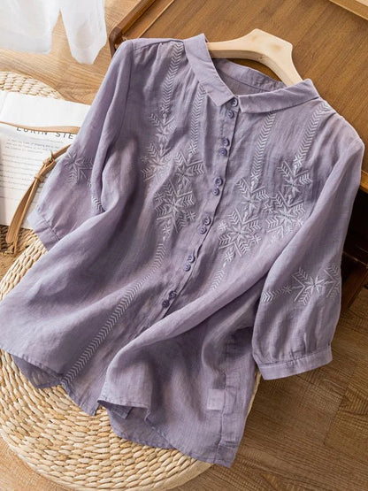 Embroidered Half Sleeve Casual Linen Shirt Top