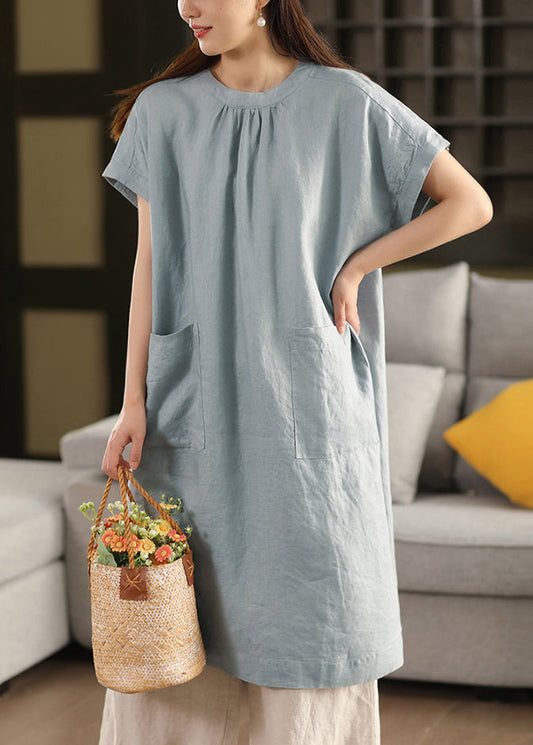 Loose Blue O-Neck Pockets Linen Dresses Summe