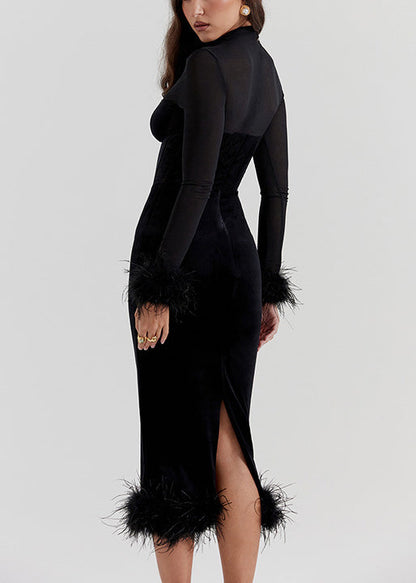 Sexy Black Patchwork Silk Velvet Dinner Dress