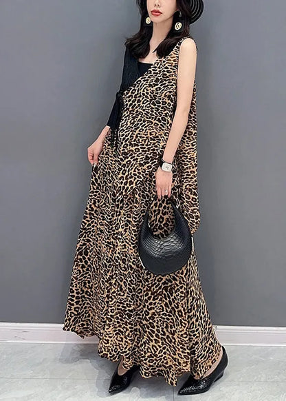 Elegant Leopard Tie Waist Top And Maxi Skirts Two Pieces Set Summer